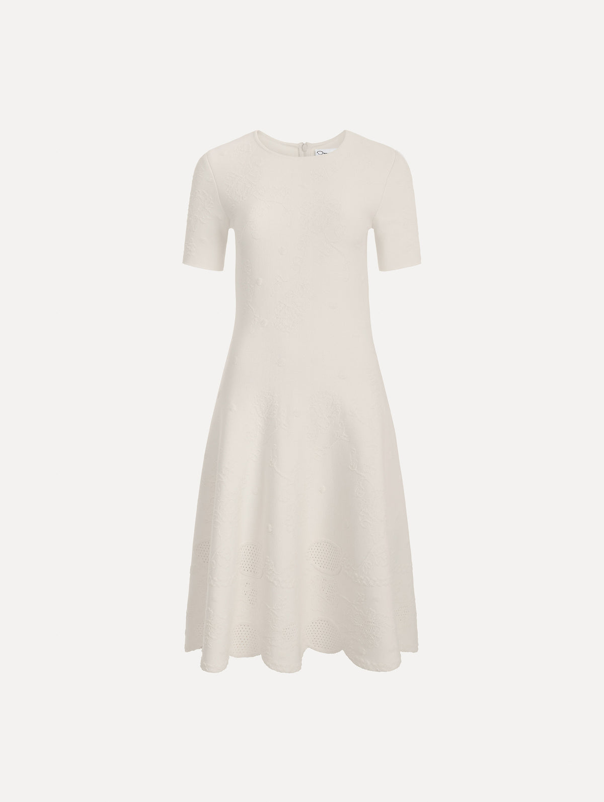 The image depicts a fit and flare knit jacquard dress. Front view.
