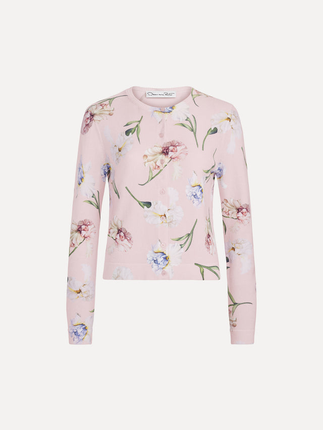 The image depicts a printed twinset cardigan. Front view.