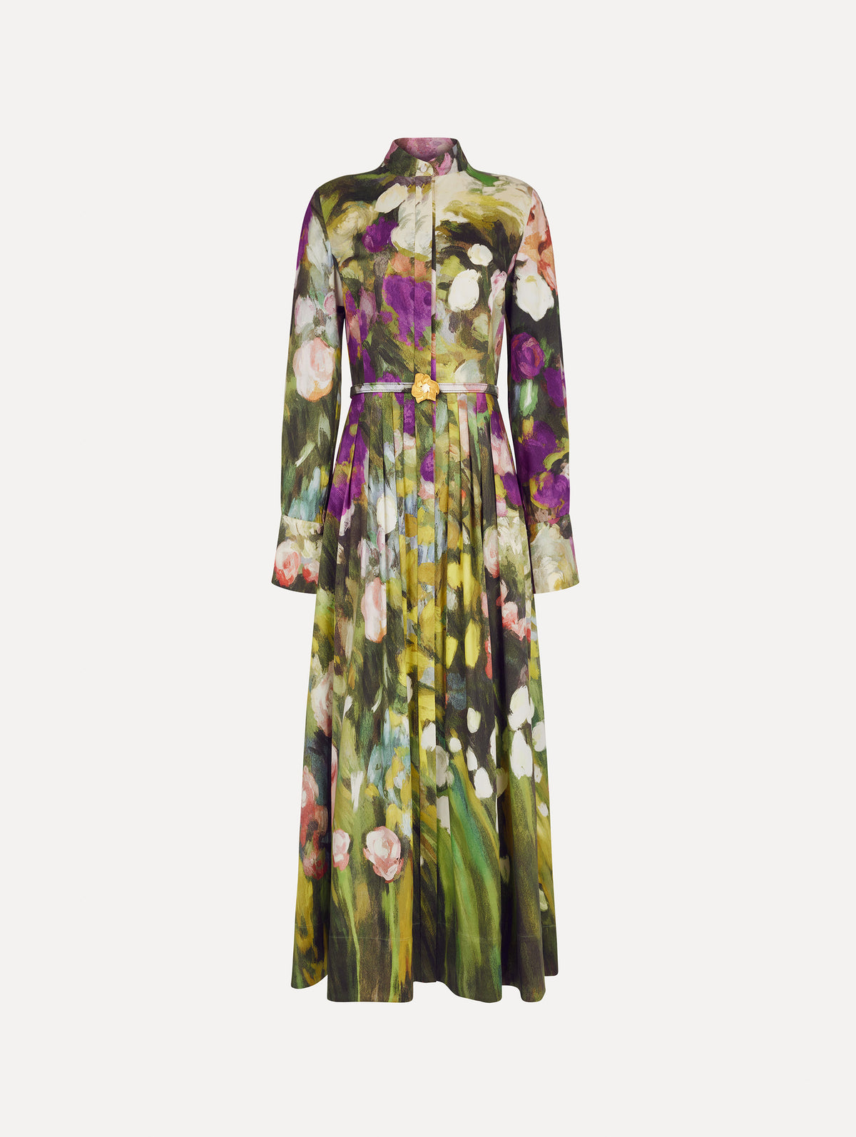 The image depicts a long sleeve abstract garden poplin sateen dress. Front view.