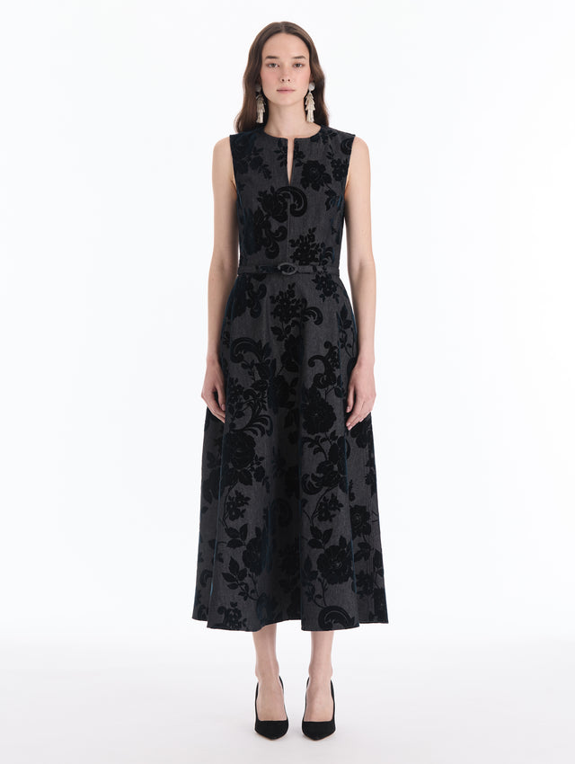 Chrysanthemum Flocked Denim Dress