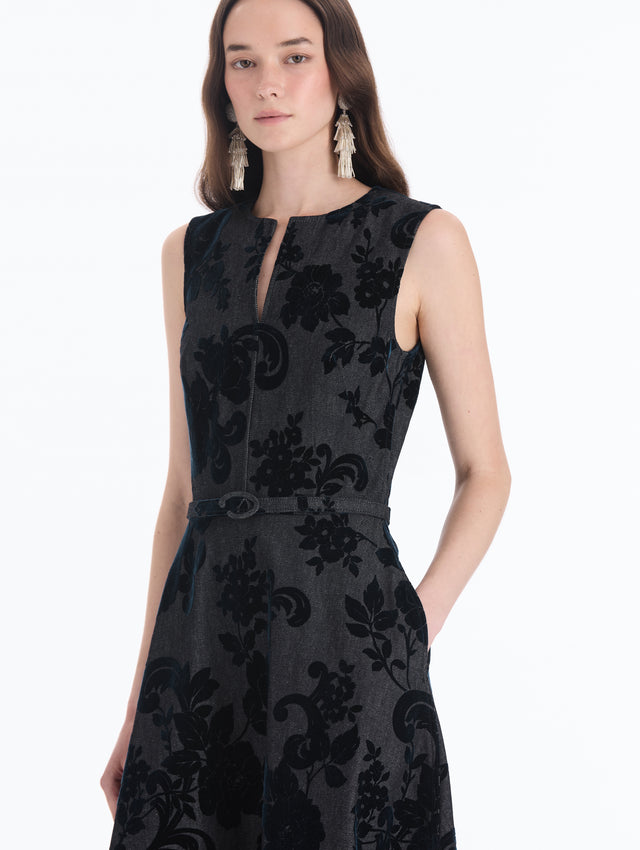 Chrysanthemum Flocked Denim Dress