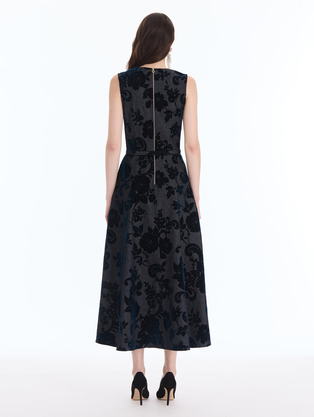 Chrysanthemum Flocked Denim Dress