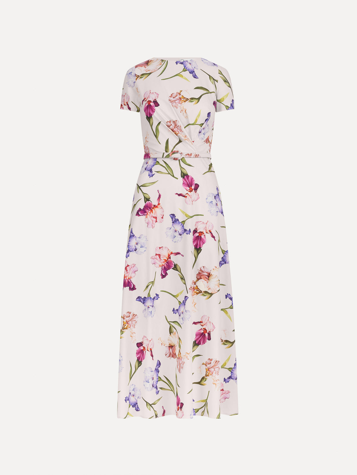 The image depicts a short sleeve iris flowers poplin day dress. Front view.