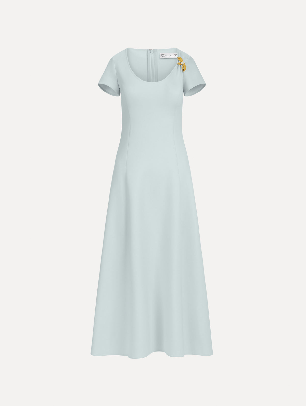 The image depicts a short sleeve scoop neck stretch wool day dress. Front view.