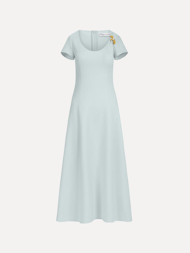 The image depicts a short sleeve scoop neck stretch wool day dress. Front view.