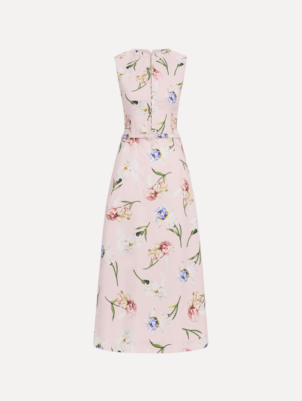 The image depicts a sleeveless painted iris poplin day dress. Front view.