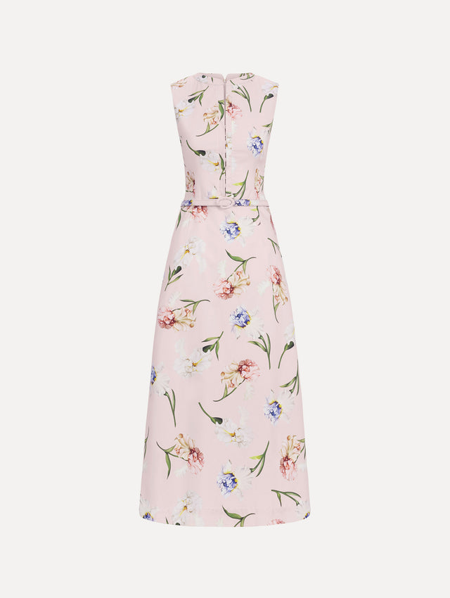 The image depicts a sleeveless painted iris poplin day dress. Front view.