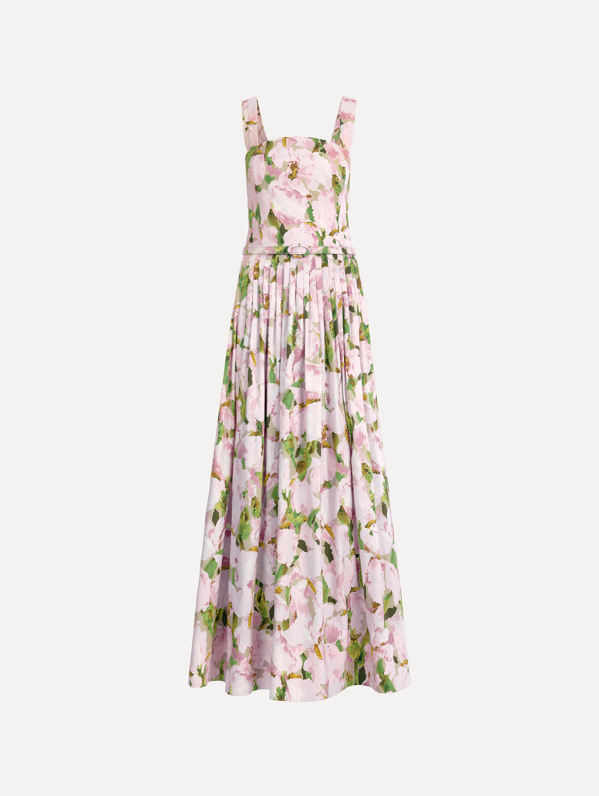 The image depicts a sleeveless watercolor iris poplin day dress. Front view.