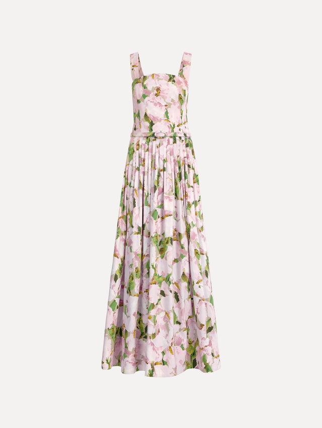 The image depicts a sleeveless watercolor iris poplin day dress. Front view.