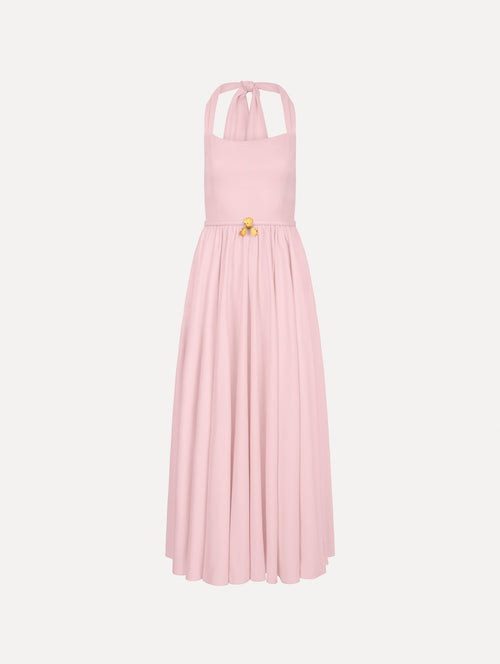The image depicts a sleeveless stretch cotton poplin sateen day dress. Front view.