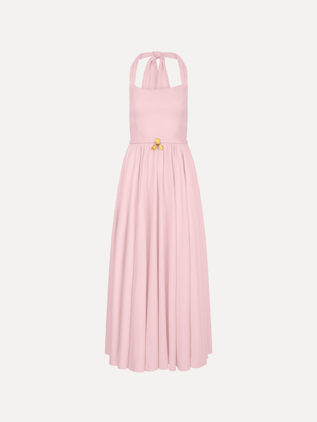 The image depicts a sleeveless stretch cotton poplin sateen day dress. Front view.
