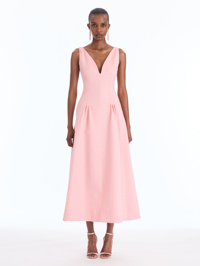 Pleated Wool V-Neck Dress