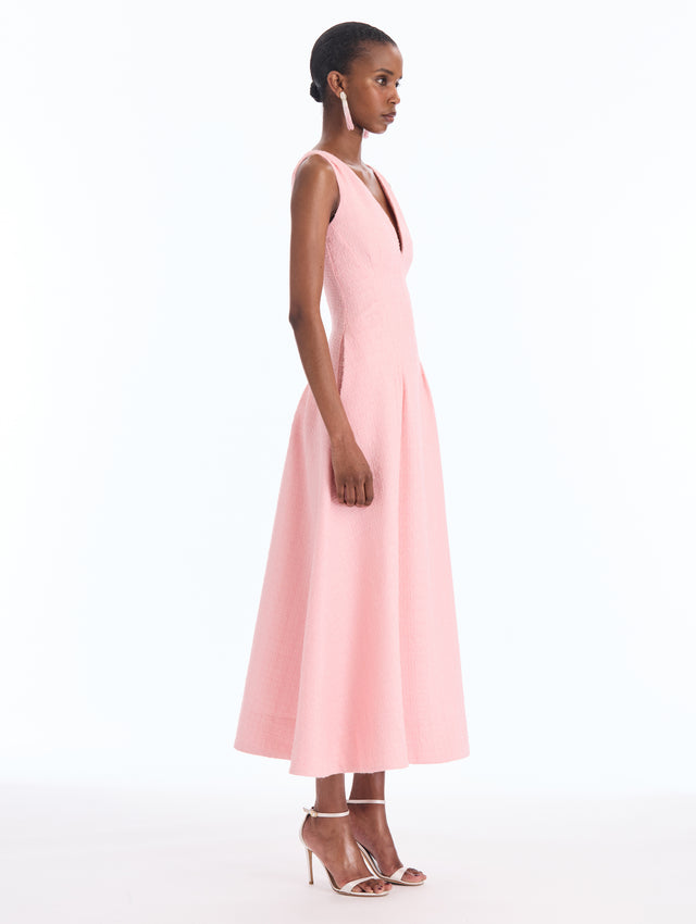 Pleated Wool V-Neck Dress