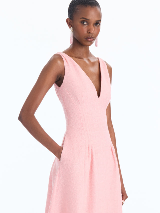 Pleated Wool V-Neck Dress