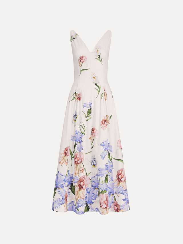 The image depicts a sleeveless V-neck large iris degrade poplin dress. Front view.