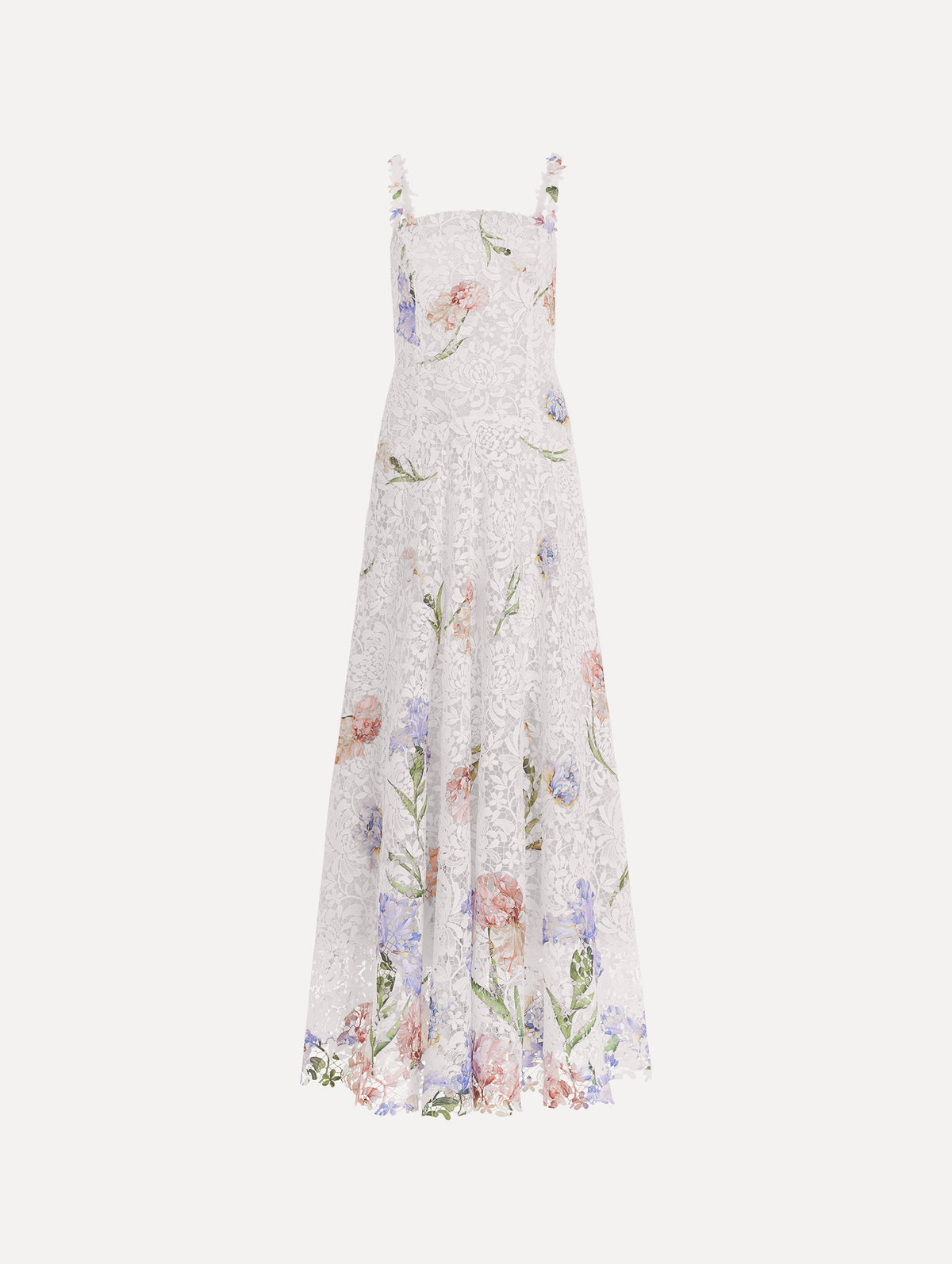 The image depicts a sleeveless large iris degrade printed lace day dress. Front view.