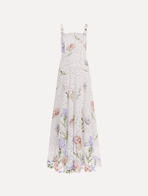 The image depicts a sleeveless large iris degrade printed lace day dress. Front view.