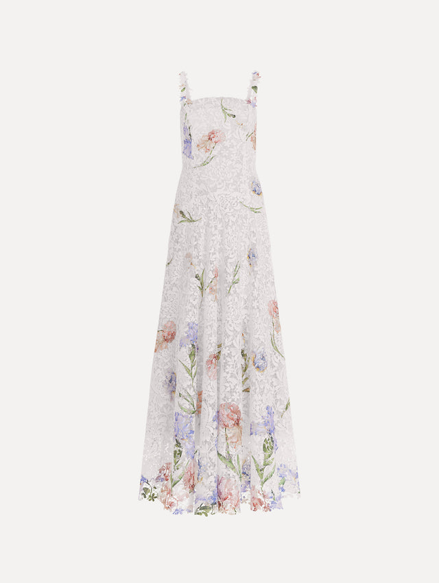 The image depicts a sleeveless large iris degrade printed lace day dress. Front view.