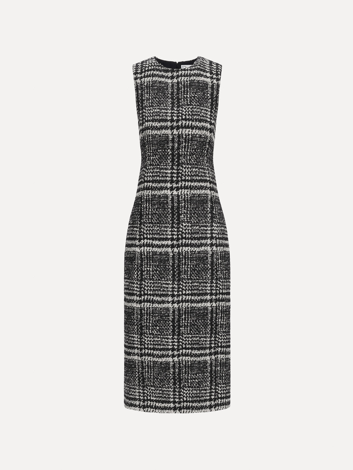 The image depicts a sleeveless glen plaid boucle tweed day dress. Front view.