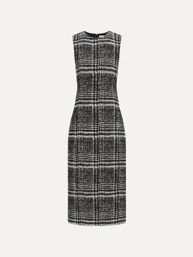 The image depicts a sleeveless glen plaid boucle tweed day dress. Front view.