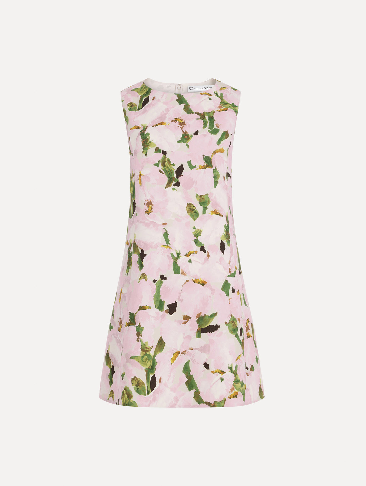 The image depicts a sleeveless watercolor iris wool shift dress. Front view.