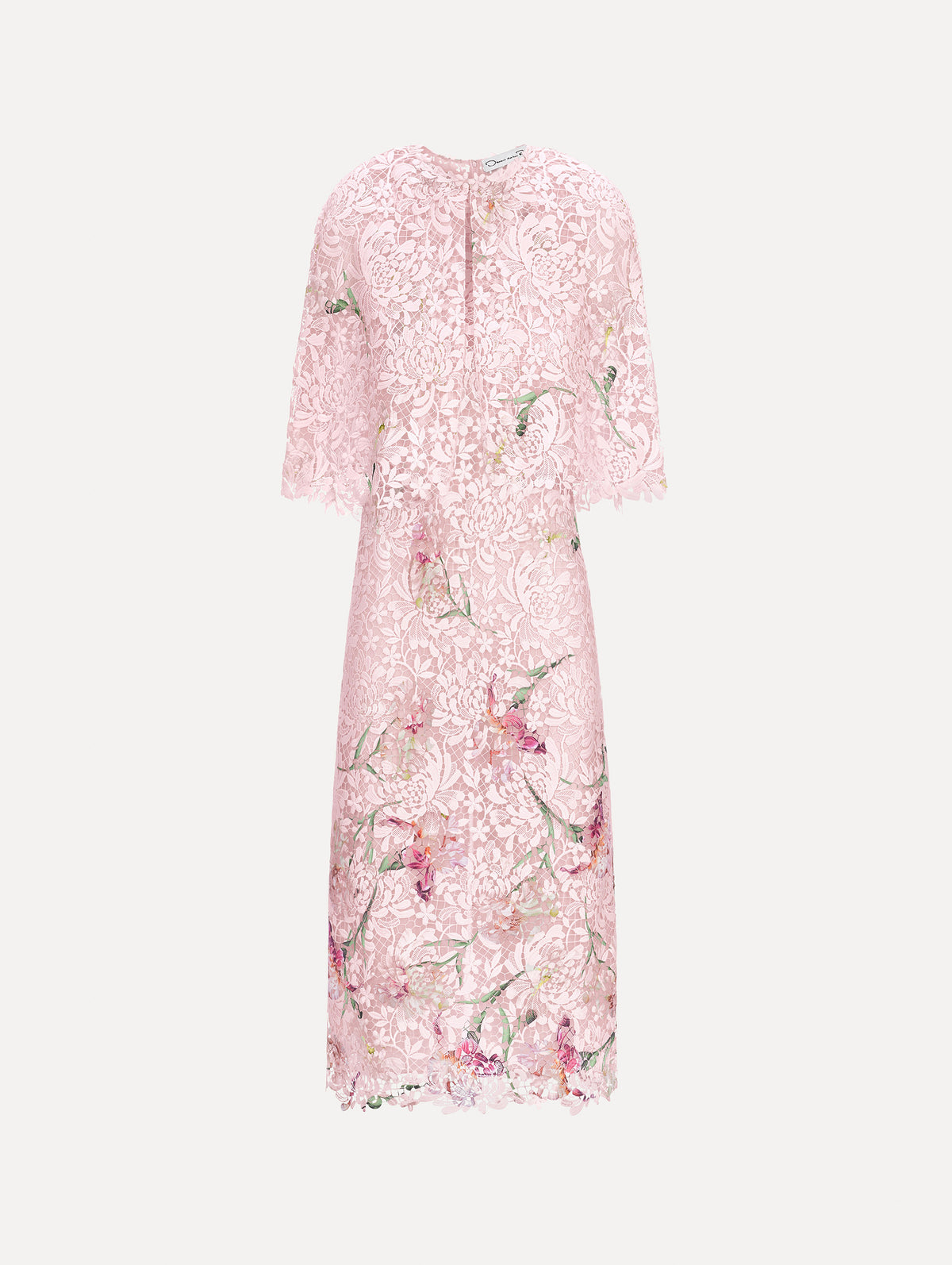 The image depicts a cape sleeve painted iris degrade lace day dress. Front view.
