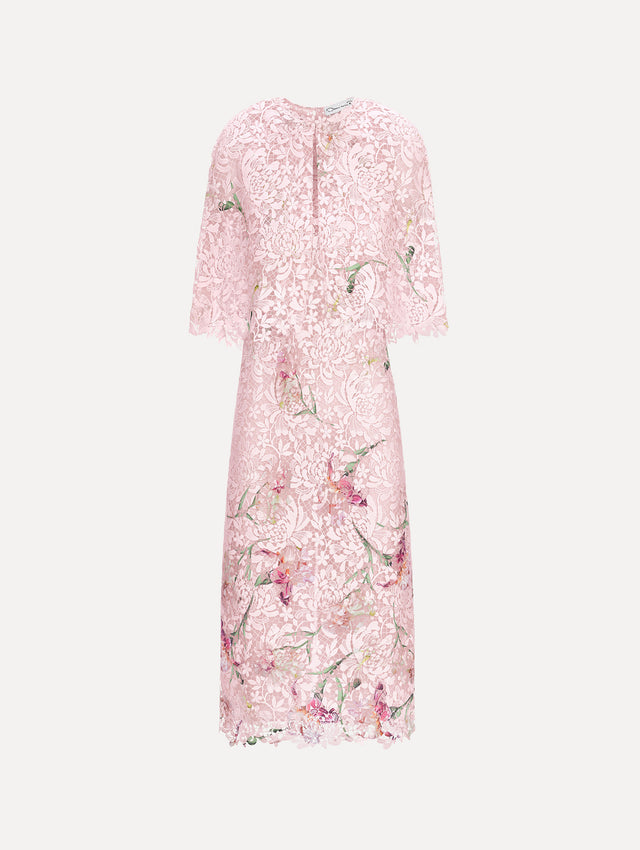 The image depicts a cape sleeve painted iris degrade lace day dress. Front view.