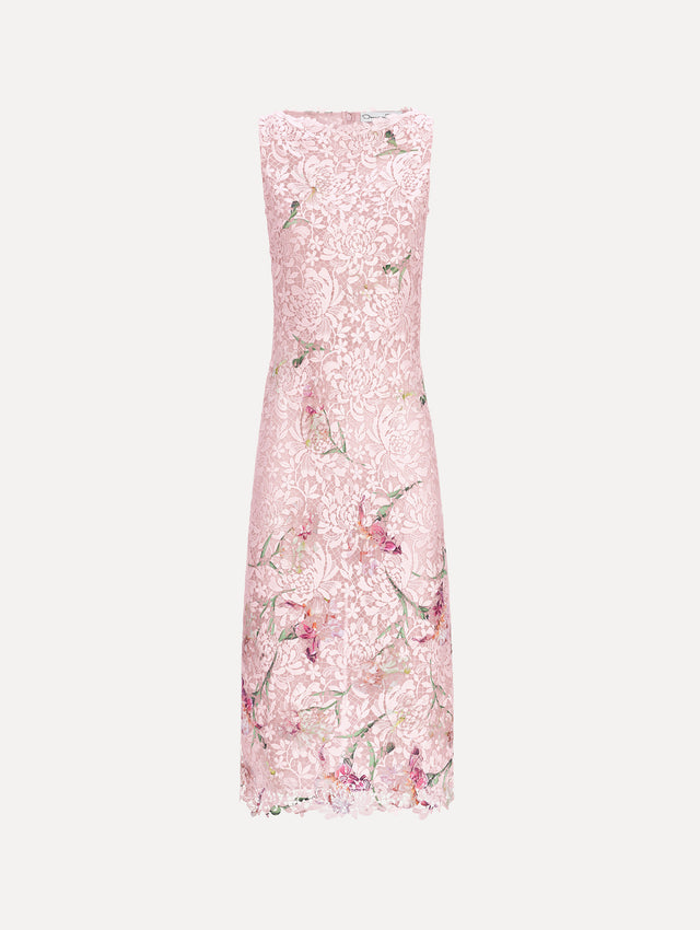 The model is wearing a cape sleeve painted iris degrade lace day dress. Front view.