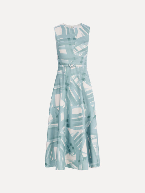 The image depicts a sleeveless stripey plaid poplin day dress. Front view.