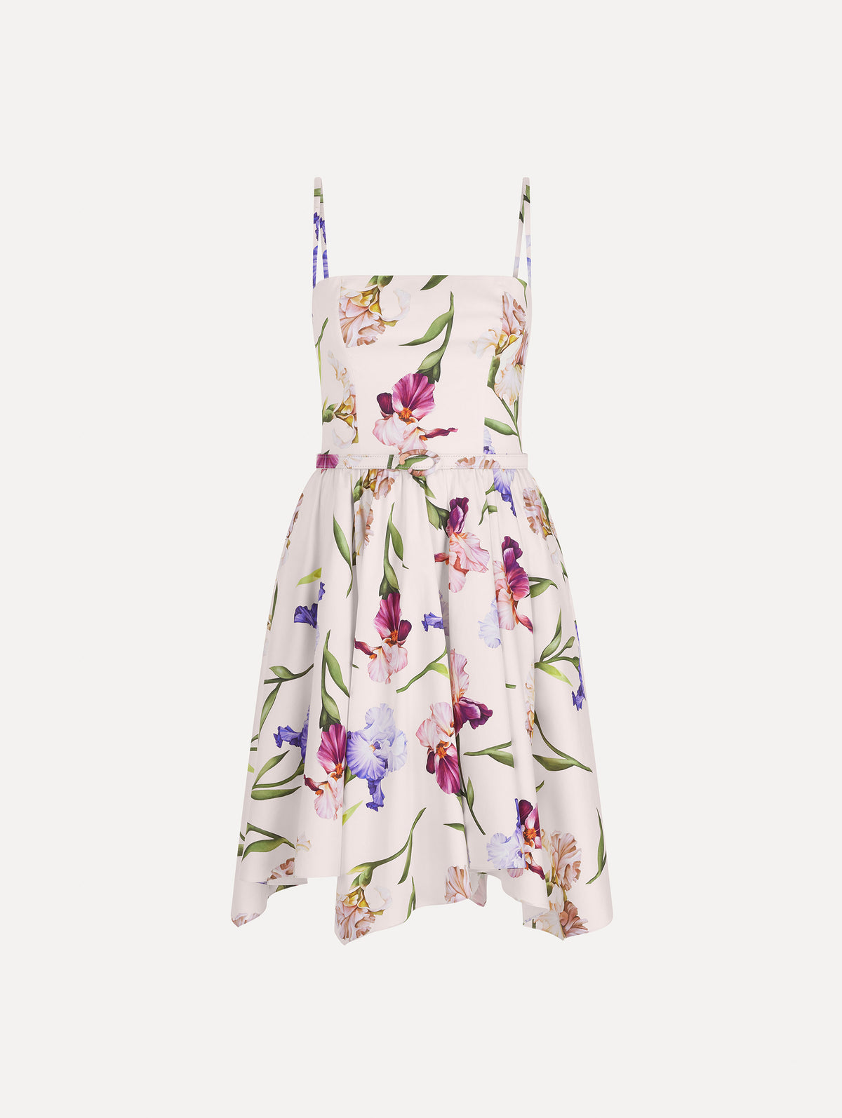 The image depicts a sleeveless iris flowers poplin day dress. Front view.