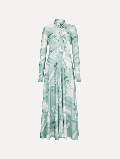 The image depicts a long sleeve stripey plaid jersey day dress. Front view.