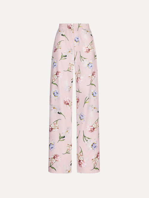 The image depicts a painted iris poplin pant. Front view.