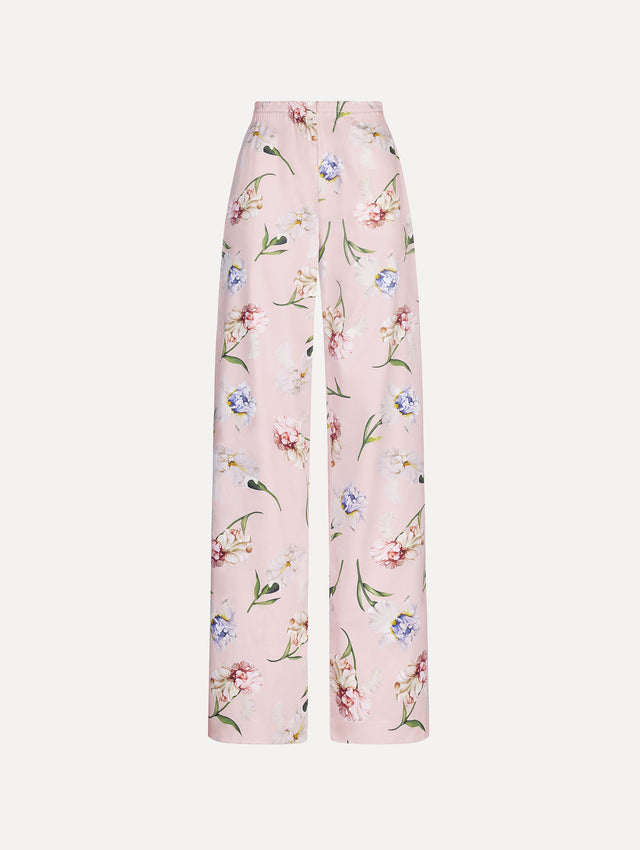 The image depicts a painted iris poplin pant. Front view.
