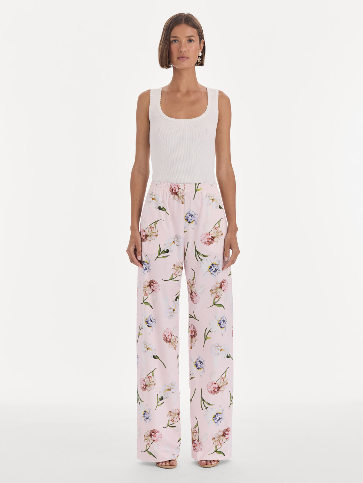 The model is wearing a painted iris poplin pant. Front view.