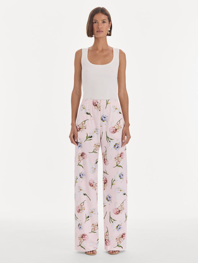 The model is wearing a painted iris poplin pant. Front view.