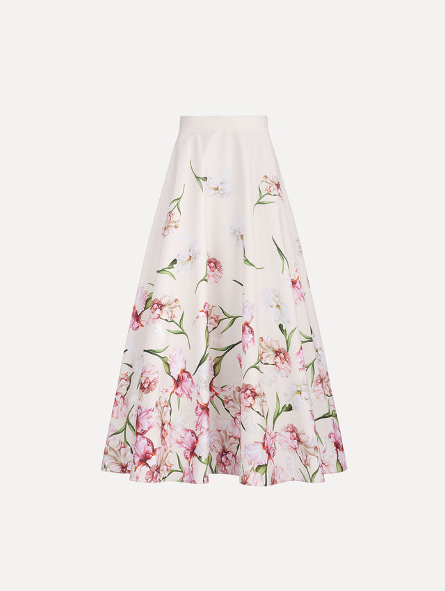 The image depicts a painted iris degrade poplin A-line skirt. Front view.