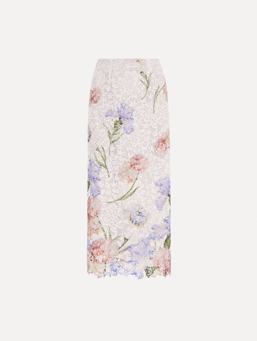 The image depicts a large iris degrade printed lace pencil skirt. Front view.