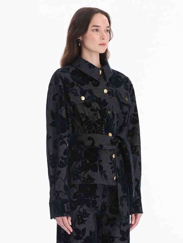 Chrysanthemum Flocked Denim Jacket