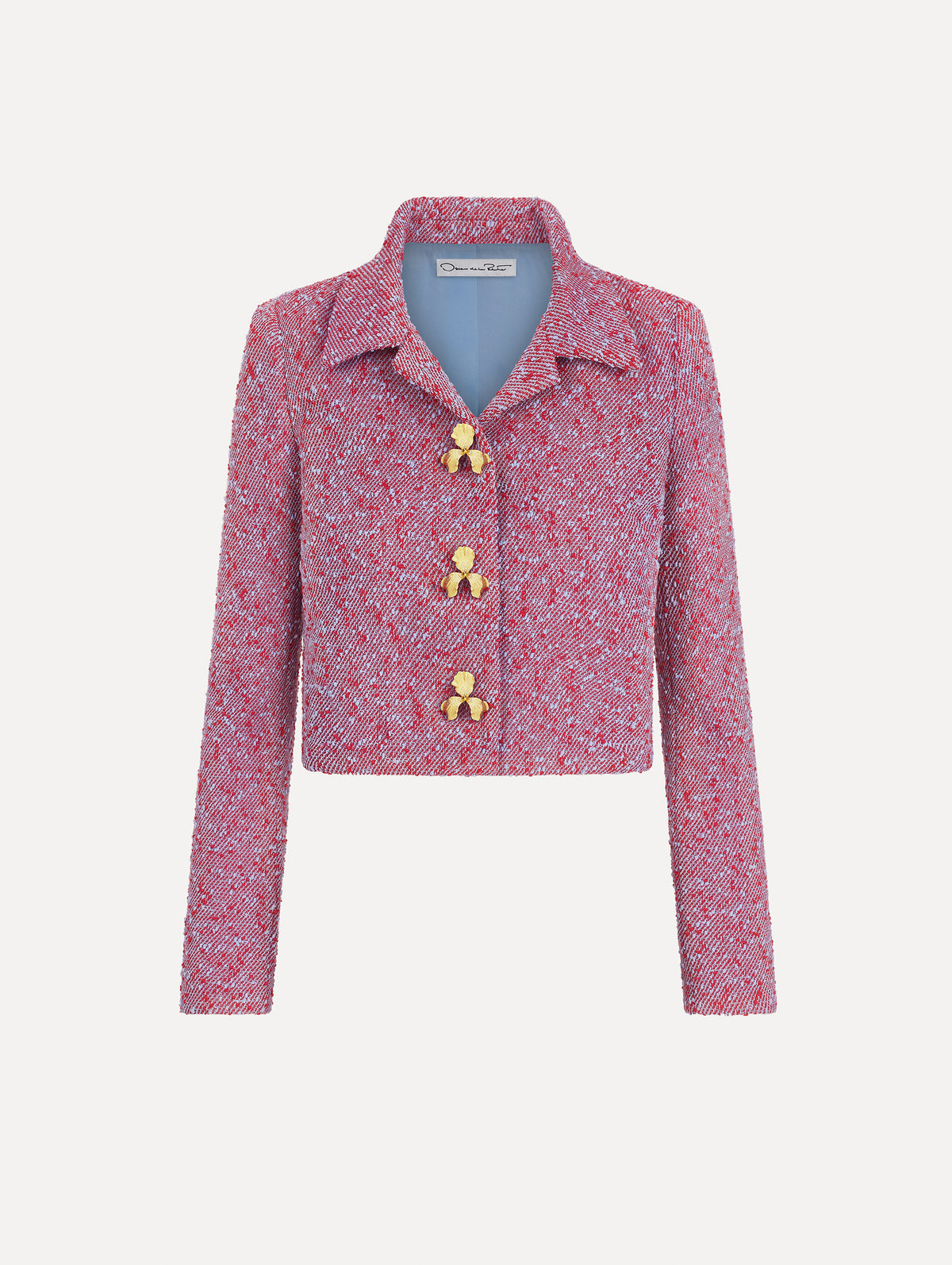 The image depicts a long sleeve slubby wool tweed gauze jacket. Front view.