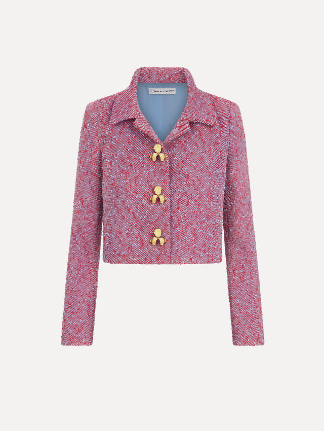 The image depicts a long sleeve slubby wool tweed gauze jacket. Front view.