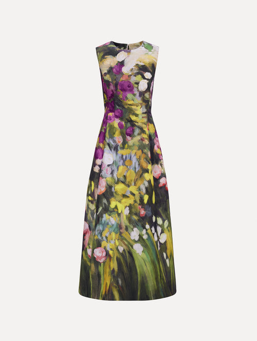 The image depicts a sleeveless abstract garden faille cocktail dress. Front view.