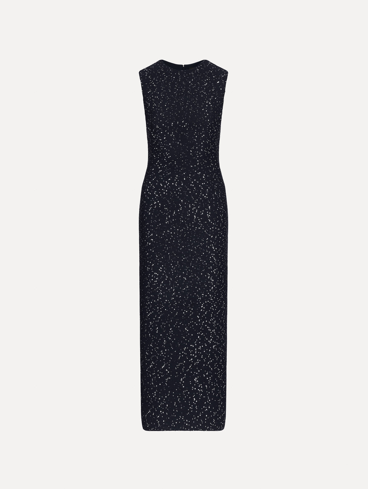 The image depicts a sleeveless sequin tweed cocktail dress in navy. Front view.