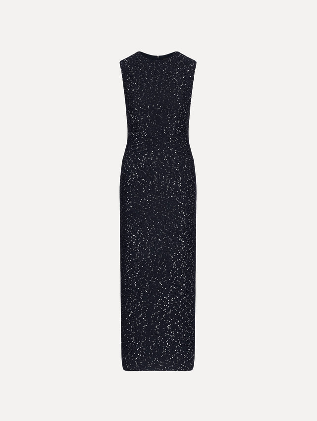 The image depicts a sleeveless sequin tweed cocktail dress in navy. Front view.