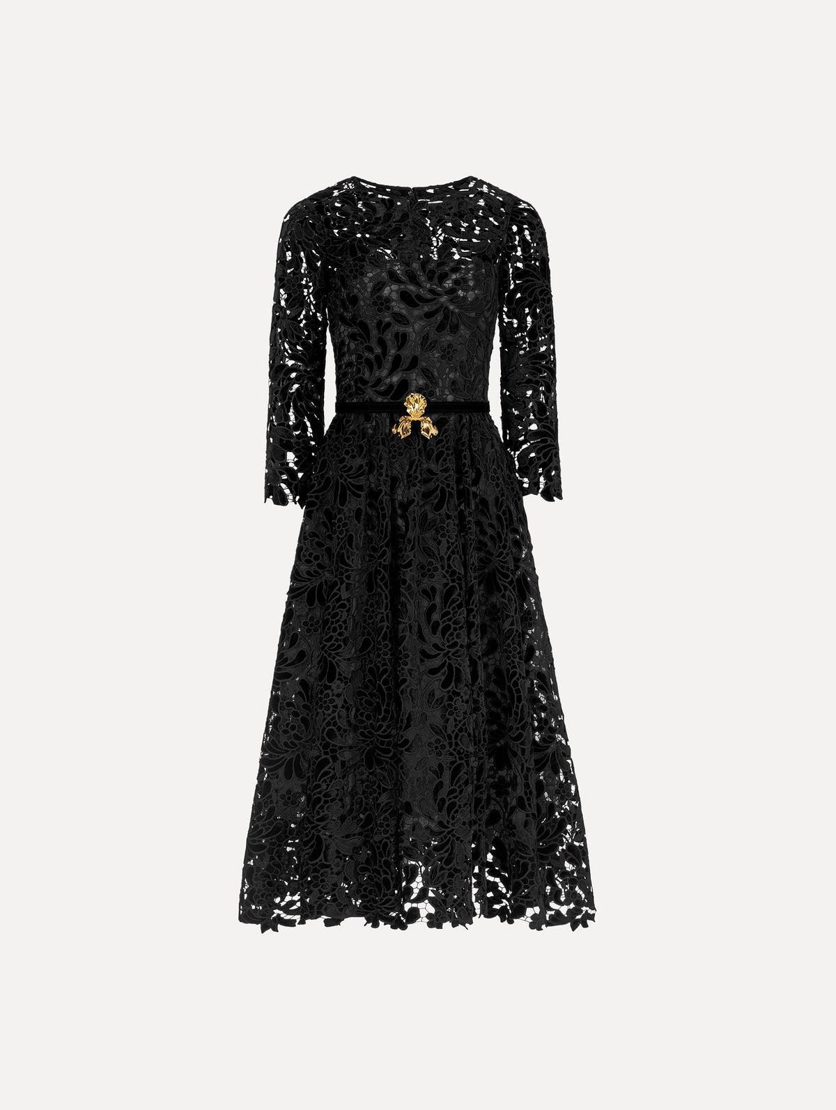 The image depicts a long sleeve chrysanthemum guipure cocktail dress. Front view.