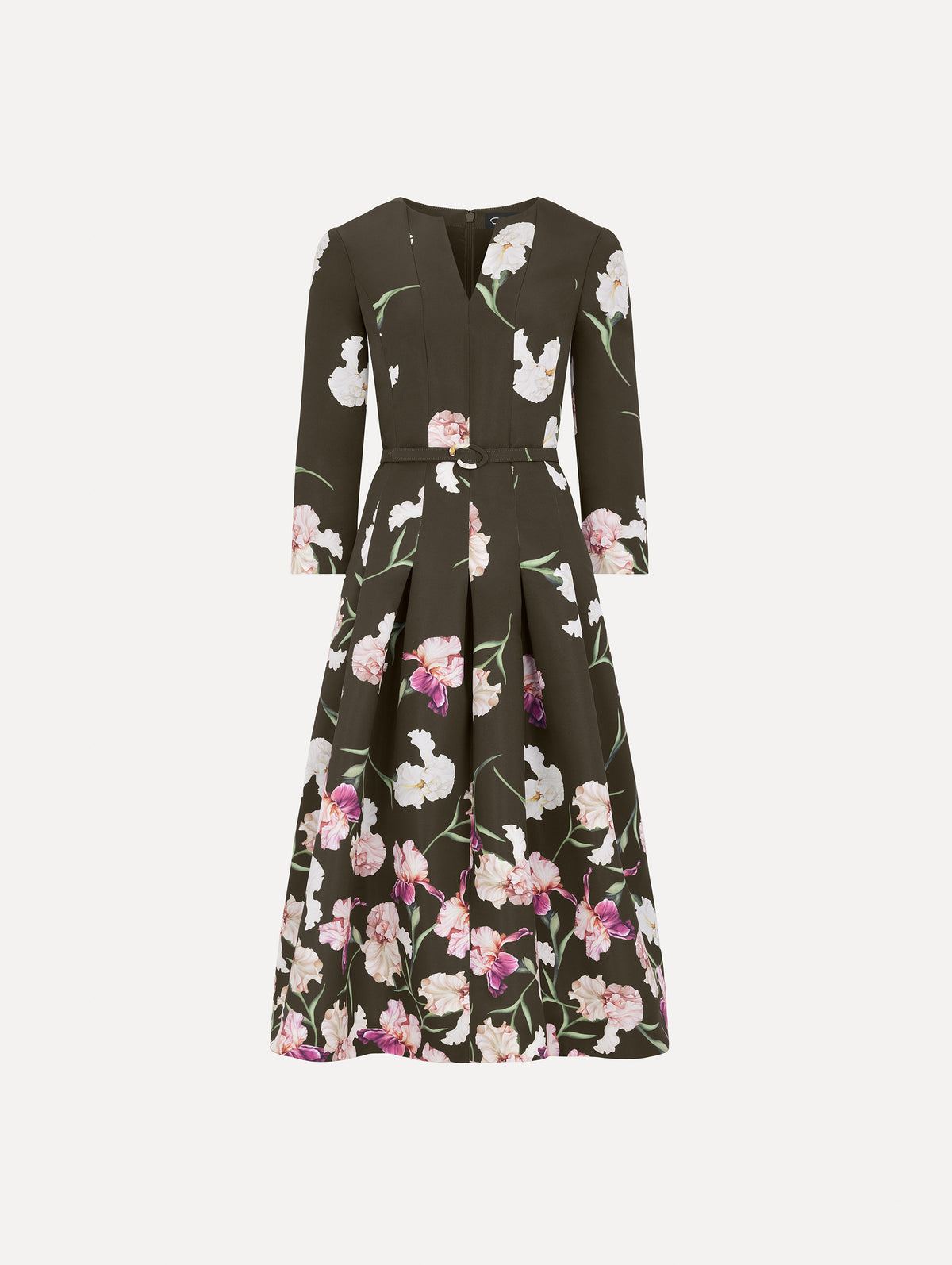 The image depicts a long sleeve painted iris degrade faille cocktail dress. Front view.