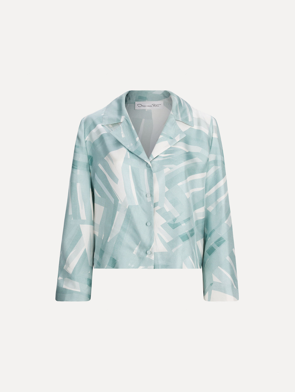 The image depicts a long sleeve stripey plaid silk twill blouse. Front view.