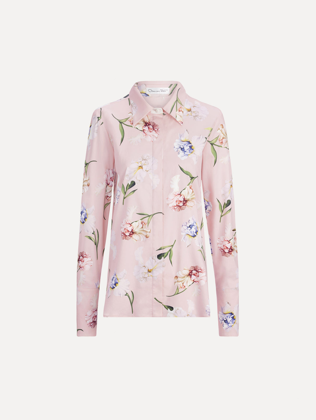 The image depicts a long sleeve painted iris poplin blouse. Front view.
