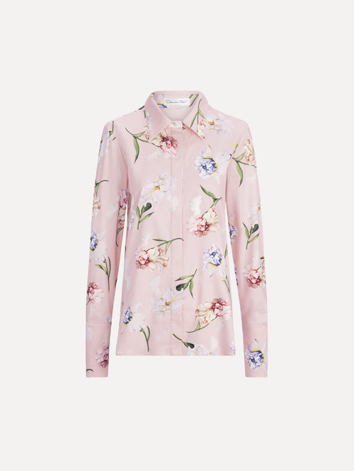The image depicts a long sleeve painted iris poplin blouse. Front view.