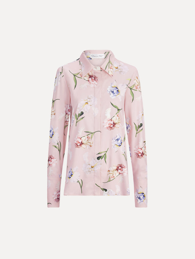 The image depicts a long sleeve painted iris poplin blouse. Front view.