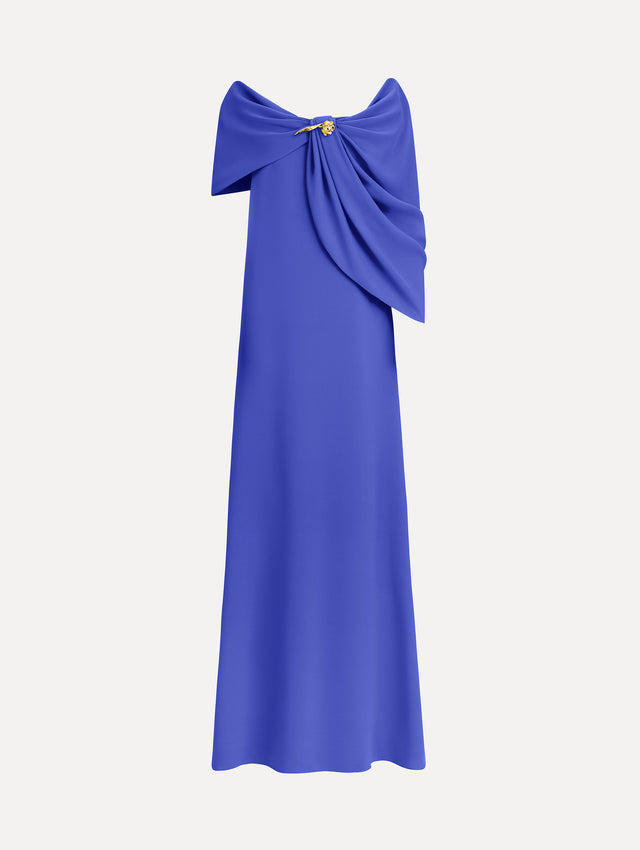 The image depicts an off shoulder draped detail georgette caftan. Front view.